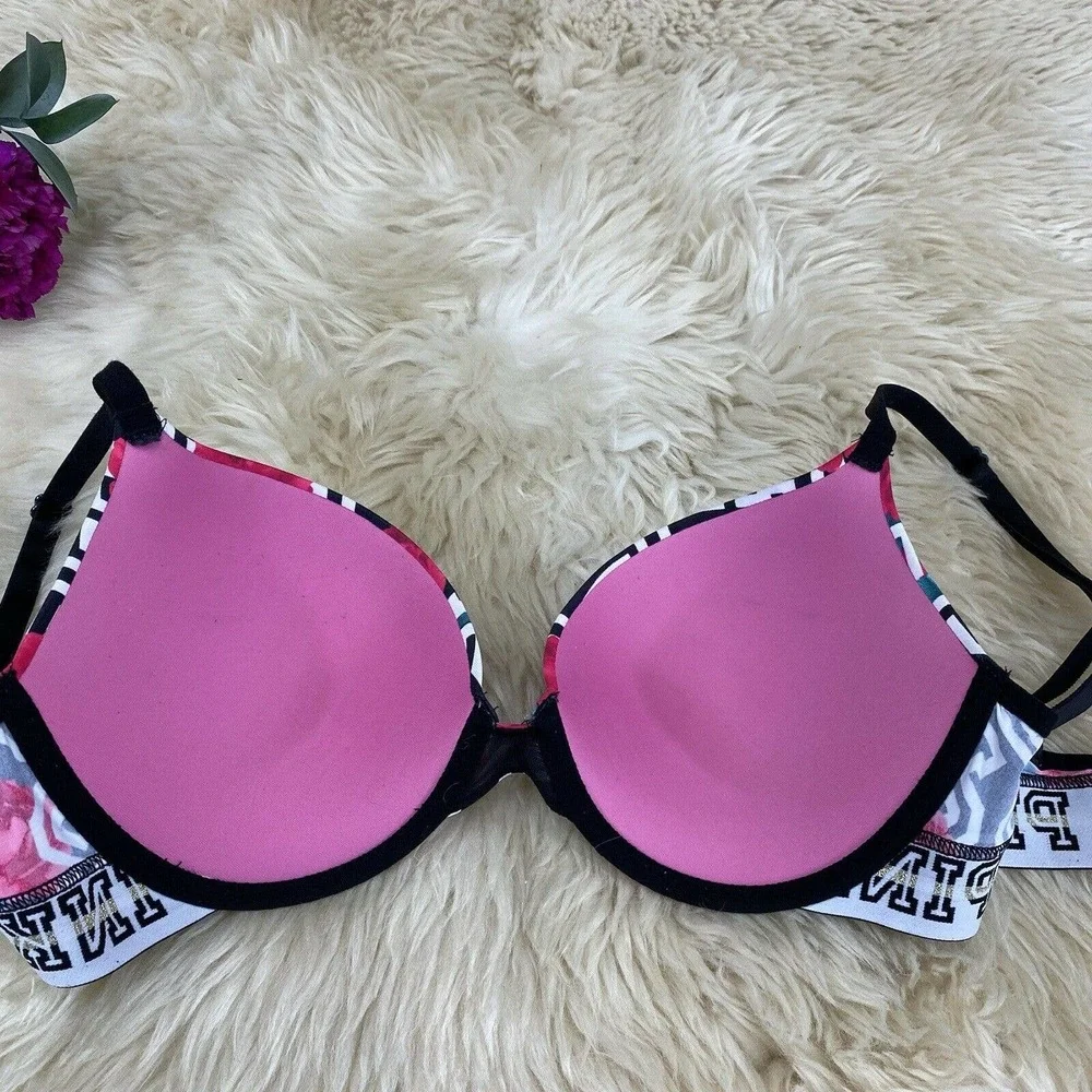 Victoria's Secret PINK Wear Everywhere Push-Up Bra 32DD Black Red Rose Logo - Picture 4 of 7